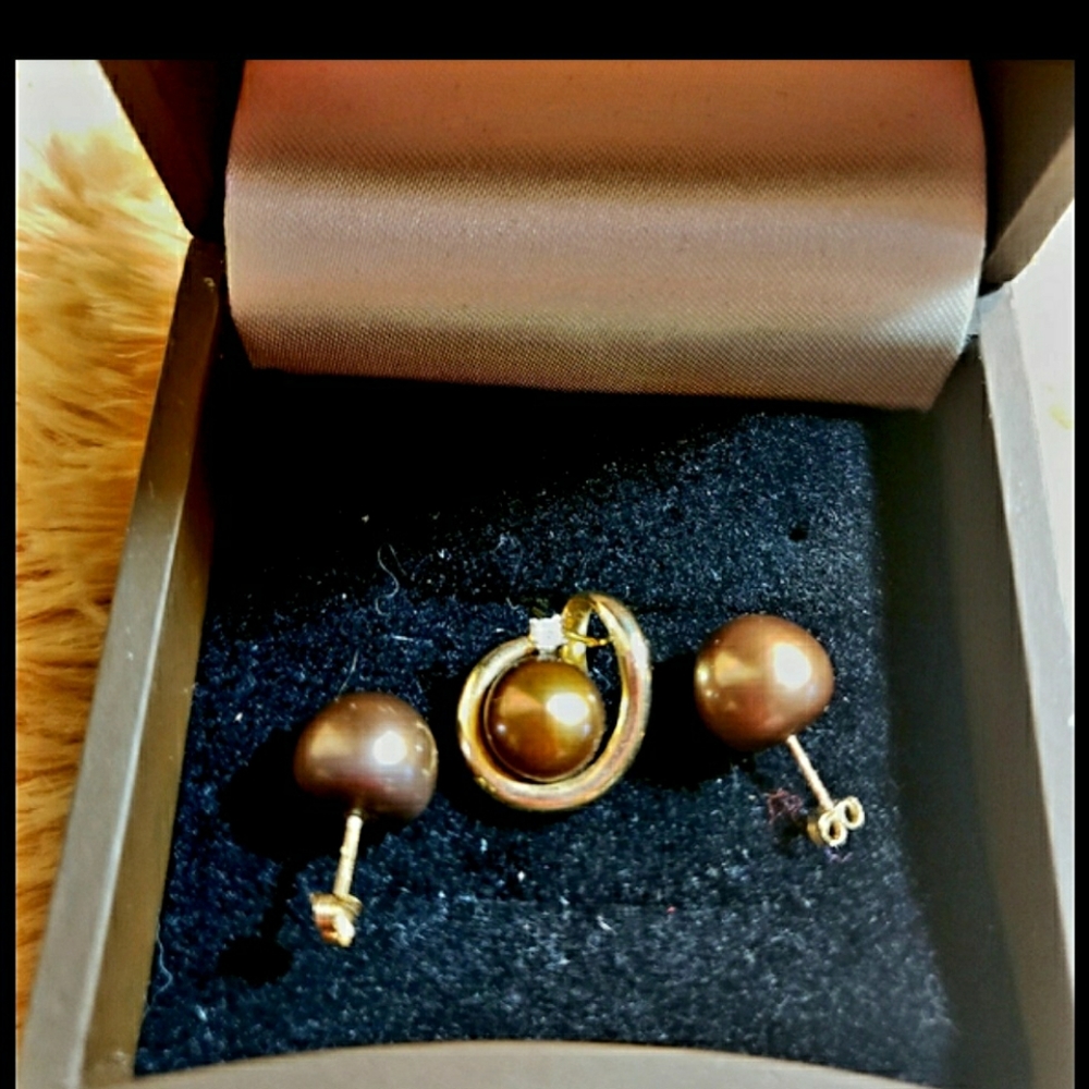 14K SOLID YG 9.7 MM EACH ROUND CHOC TAHITIAN SET - Picture 11 of 11